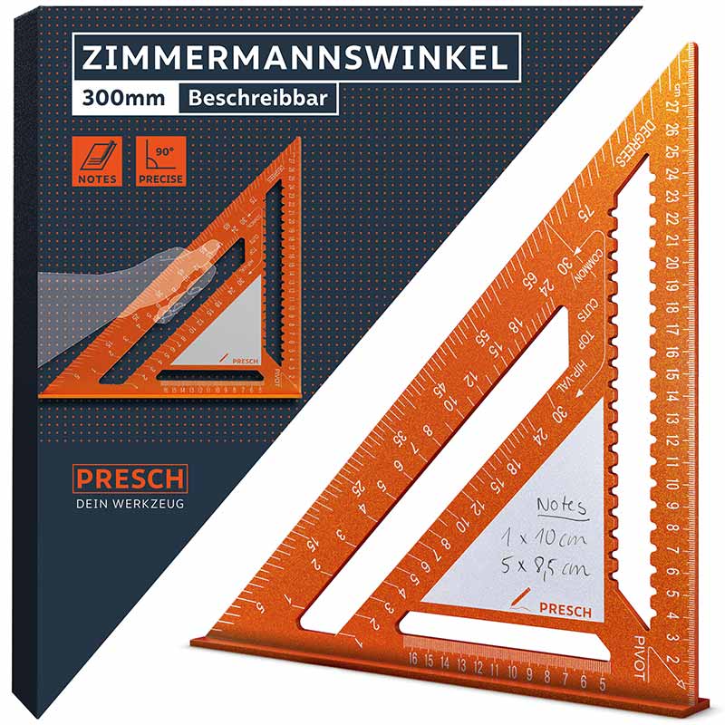 PRESCH Zimmermannswinkel 300mm mit Notizfläche für präzise Winkelmessungen und Anzeichnen