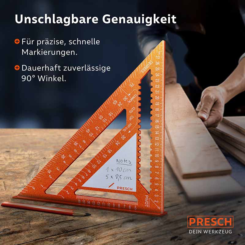 PRESCH Zimmermannswinkel 300mm mit Notizfläche, Tischlerwinkel für Holzbearbeitung und präzise Markierungen.