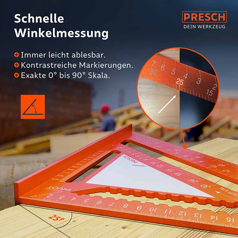 PRESCH Zimmermannswinkel 300mm mit Notizfläche und deutlich sichtbarer Skalierung für präzise Winkelmessung und Anzeichnen auf Holz.