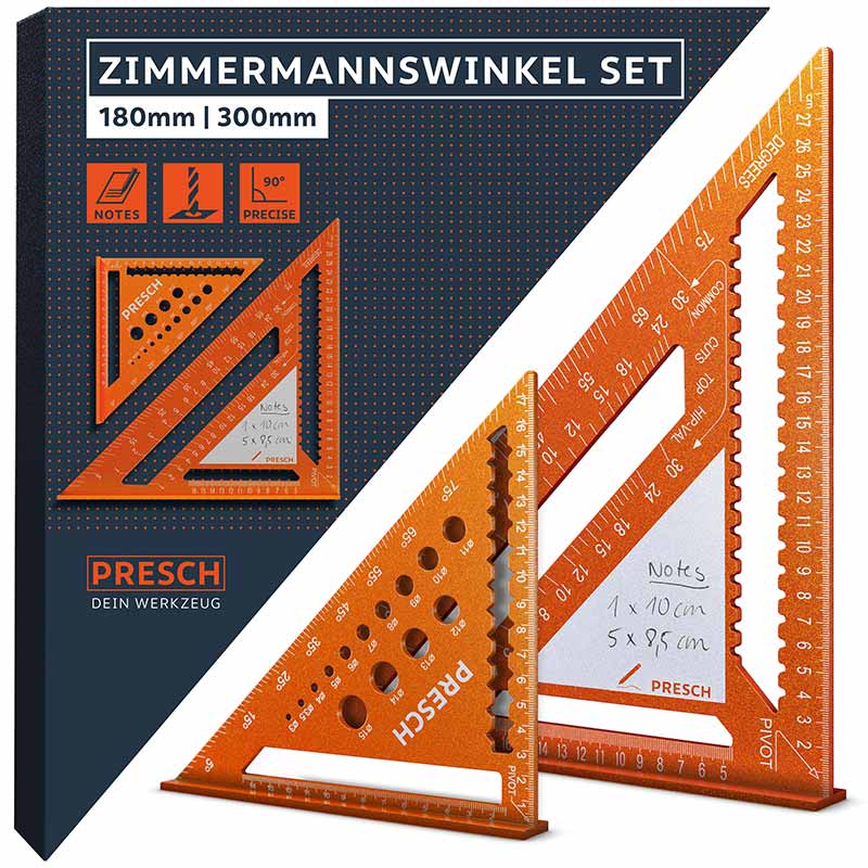 PRESCH Zimmermannswinkel Set mit 180mm und 300mm Anschlagwinkeln für präzise Messungen und Markierungen in der Holzbearbeitung.
