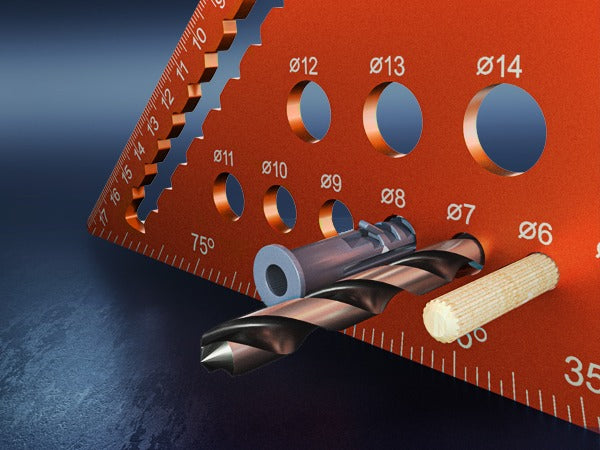 PRESCH Zimmermannswinkel 180mm als Bohrlehre mit verschiedenen Durchmessern für Holzbearbeitungswerkzeuge.