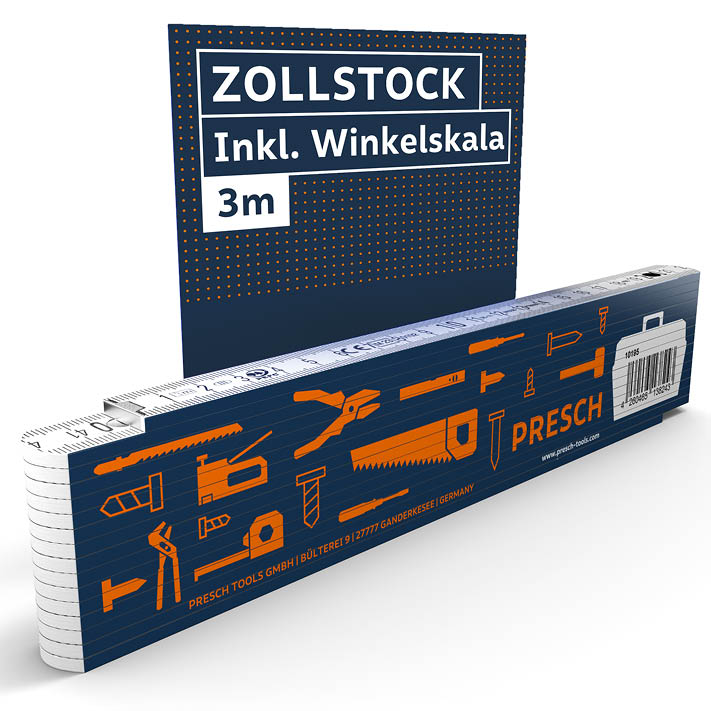 PRESCH Zollstock 3m blau mit integrierter Winkelskala und Messwerkzeuge Illustrationen.