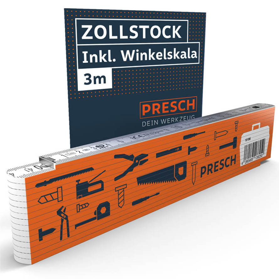 PRESCH Zollstock 3m in Orange mit Winkelskala und weiteren Maßwerkzeugen