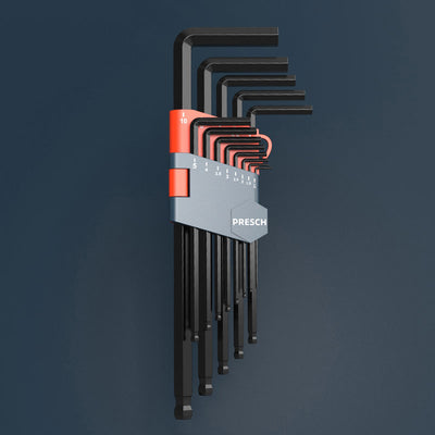 Inbusschlüssel Set von PRESCH vor dunkelblauem Hintergrund, Sechskantschlüssel, Werkzeugset.