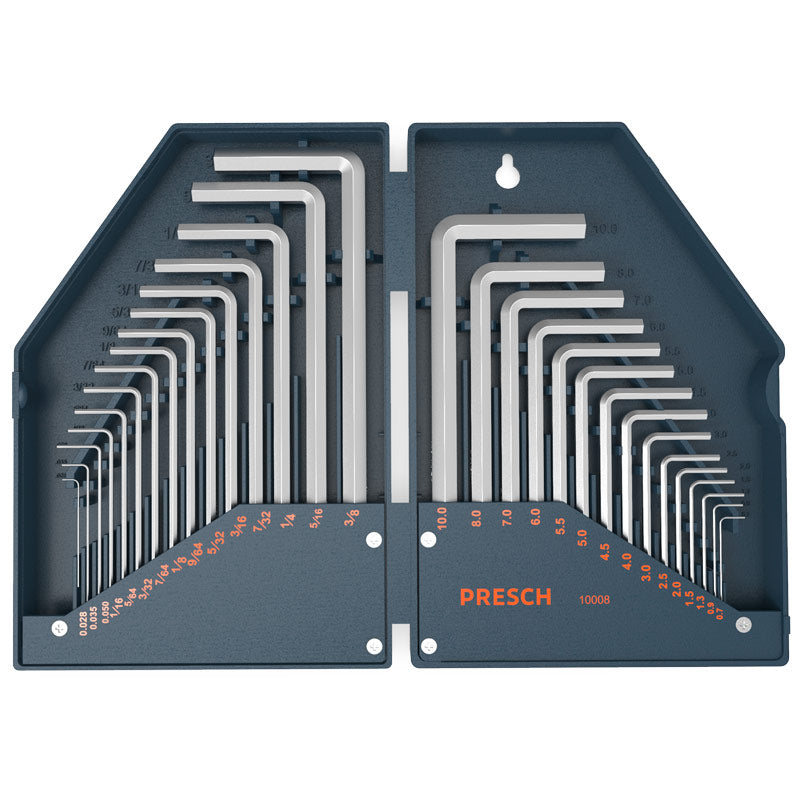 PRESCH Innensechskantschlüssel Set in metrischen und Zoll-Größen, untergebracht in einer kompakten Klapphalterung.