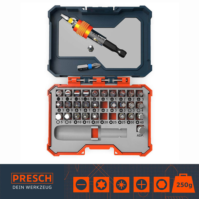 PRESCH Werkzeugset in geöffneter Box mit verschiedenen Aufsätzen und Schraubendreher, hochwertiges Handwerkzeugset, Steckschlüsselsatz