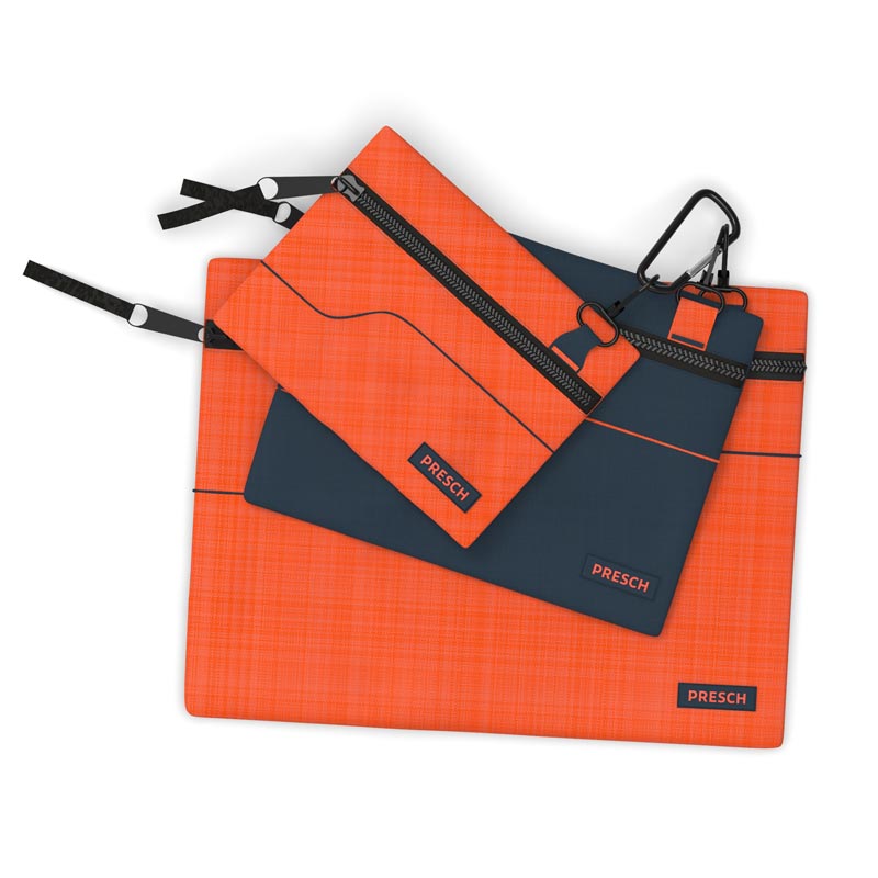 PRESCH kleine Materialtasche für Werkzeuge mit Reißverschluss und Karabinerhaken in Orange und Dunkelblau