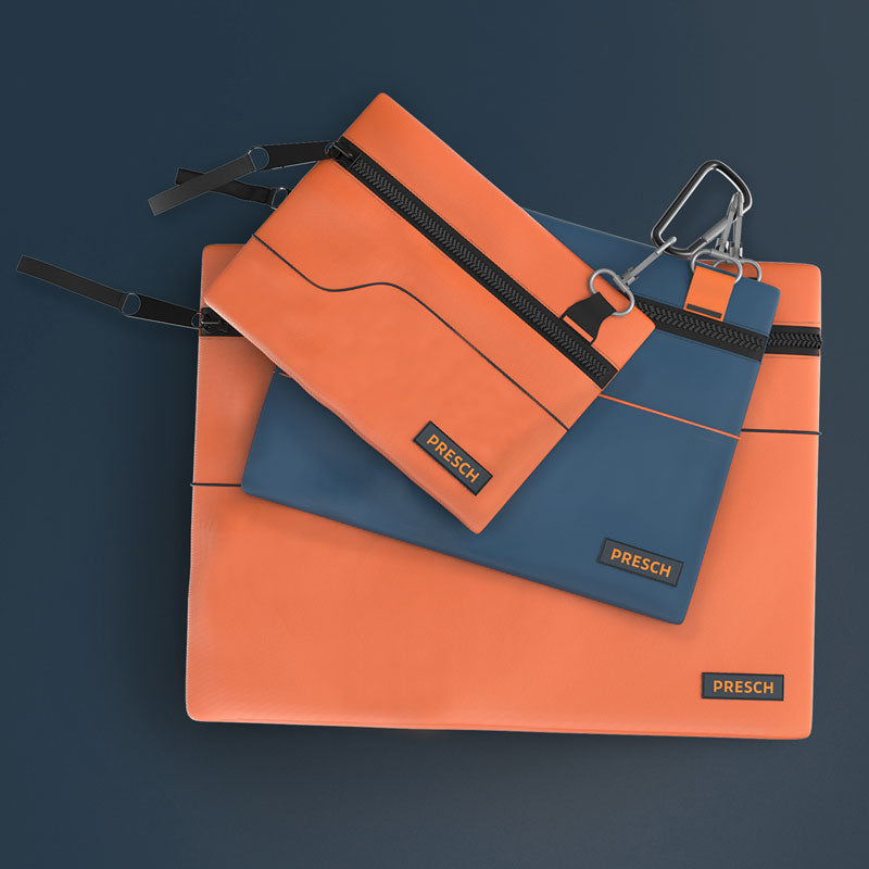 Kleinmaterialtasche von PRESCH in orange-blau mit Reißverschluss und Trageriemen, Werkzeugtasche, Zubehörtasche.
