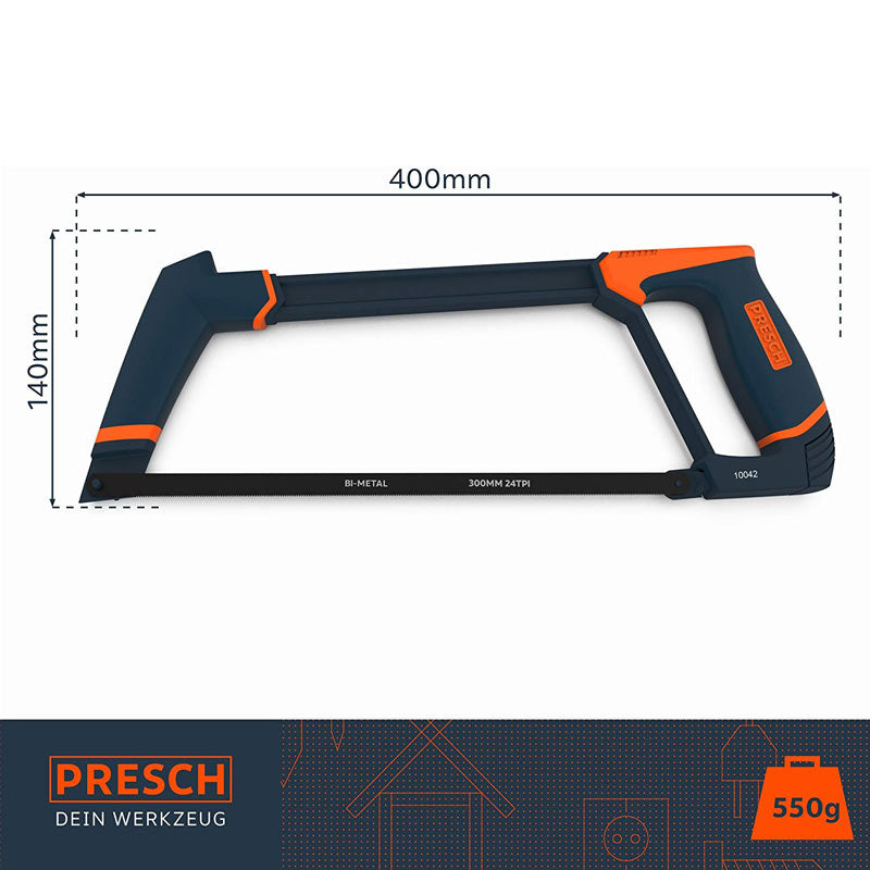 PRESCH Handsäge 400mm für Metall und Holz, robuste Eisensäge mit ergonomischem Griff und präzisen Sägeblättern