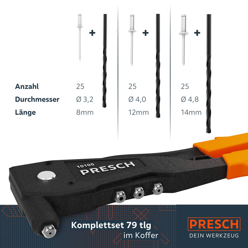 PRESCH Werkzeugset 10104 mit verschiedenen Bohrern und einem Handwerkzeug im Koffer, professionelle Handwerksausrüstung.