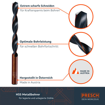 HSS Metallbohrer Set von PRESCH mit extrem scharfen Schneiden und optimaler Bohrleistung, hergestellt in Österreich