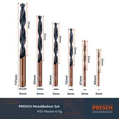 PRESCH Metallbohrer Set, HSS Master 6-teilig, präzise Stahlbohrer in verschiedenen Größen.
