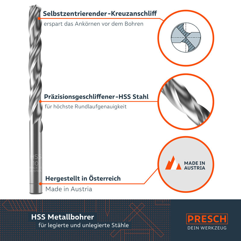 19-teiliges PRESCH Metallbohrer Pro Set aus HSS-Stahl, präzisionsgeschliffen und selbstzentrierend, hergestellt in Österreich.
