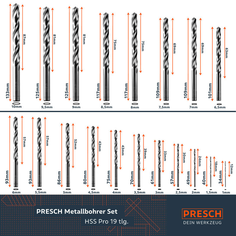 Metallbohrer-Set von PRESCH, HSS Pro 19-teilig, Spiralbohrer in verschiedenen Größen