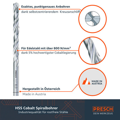 6-teiliges PRESCH Metallbohrer-Set aus Cobalt, präzise HSS Bohrer für Edelstahl, industrielle Qualität aus Österreich.