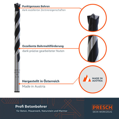 PRESCH Profi Betonbohrer Set mit präzisen Zentriereigenschaften und Nuten für Bohrmehlförderung, hergestellt in Österreich.