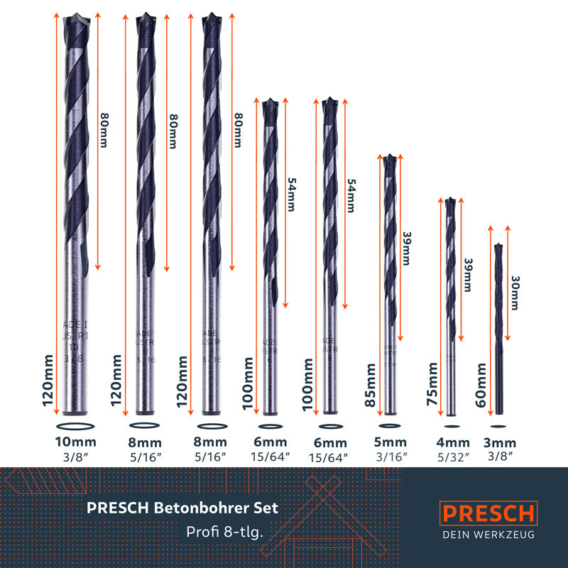 PRESCH Betonbohrer Set Profi 8-teilig mit verschiedenen Größen für präzises Bohren in Beton und Stein.