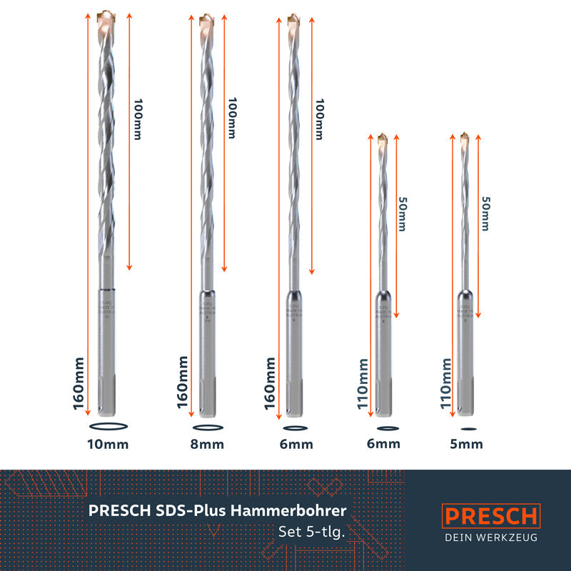 PRESCH SDS-Plus Hammerbohrer Set mit verschiedenen Durchmessern, Bohrer-Set, Schlagbohrer