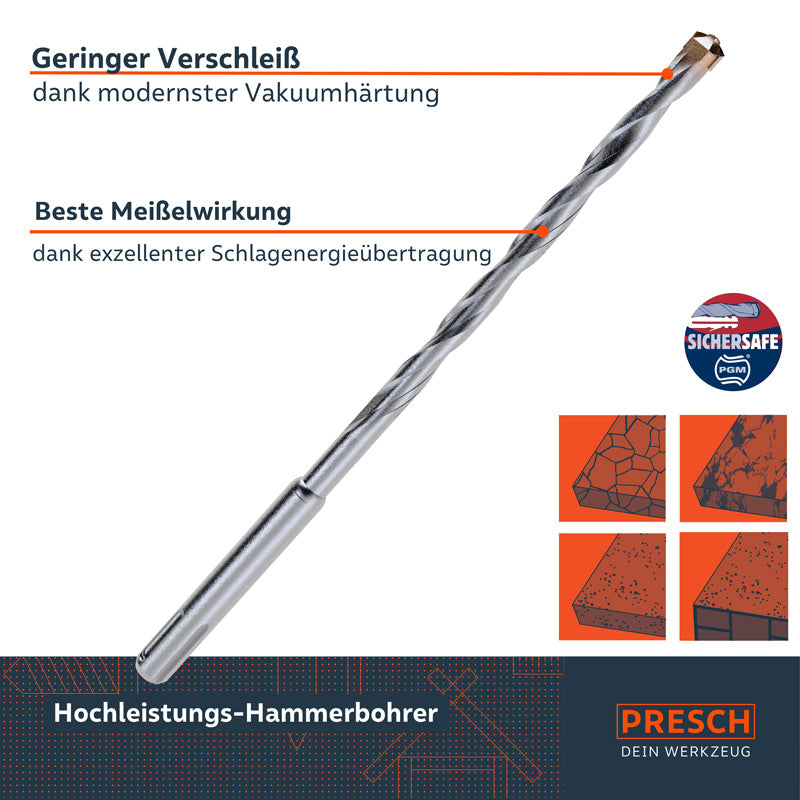 PRESCH SDS Hammerbohrer Set 7-teilig mit hoher Meißelwirkung und geringem Verschleiß durch Vakuumhärtung.