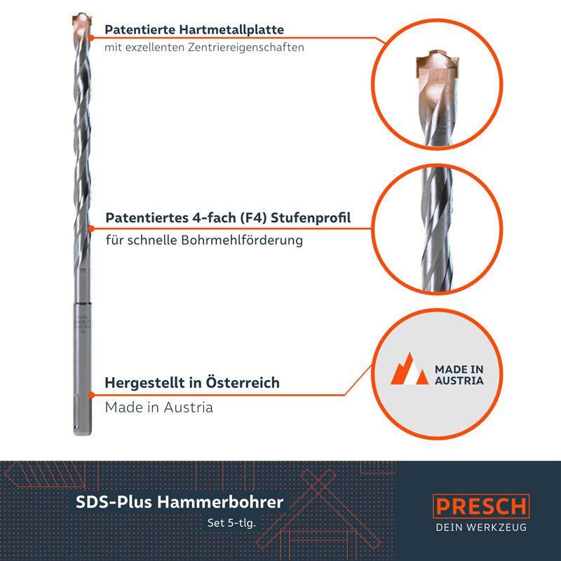 PRESCH SDS-Plus Hammerbohrer Set mit patentiertem Stufenprofil und Hartmetallspitze, hergestellt in Österreich