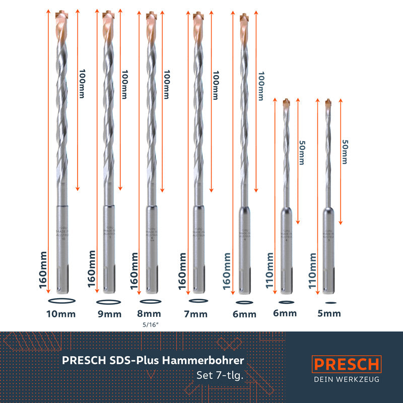 PRESCH SDS-Hammerbohrer-Set mit 7 unterschiedlich großen Bohraufsätzen für präzises und effektives Bohren in Beton und Mauerwerk.