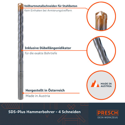 PRESCH SDS Hammerbohrer mit vier Schneiden und Vollhartmetallschneiden für Stahlbeton, inklusive Dübellängenindikator und Qualitätsversprechen "Hergestellt in Österreich".