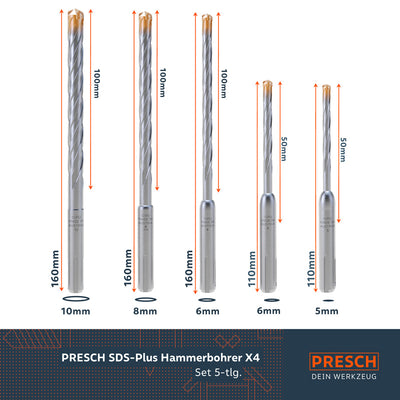 PRESCH SDS-Plus Hammerbohrer X4 Set mit 5 verschiedenen Größen, professionelle Betonbohrer und Steinbohrer.