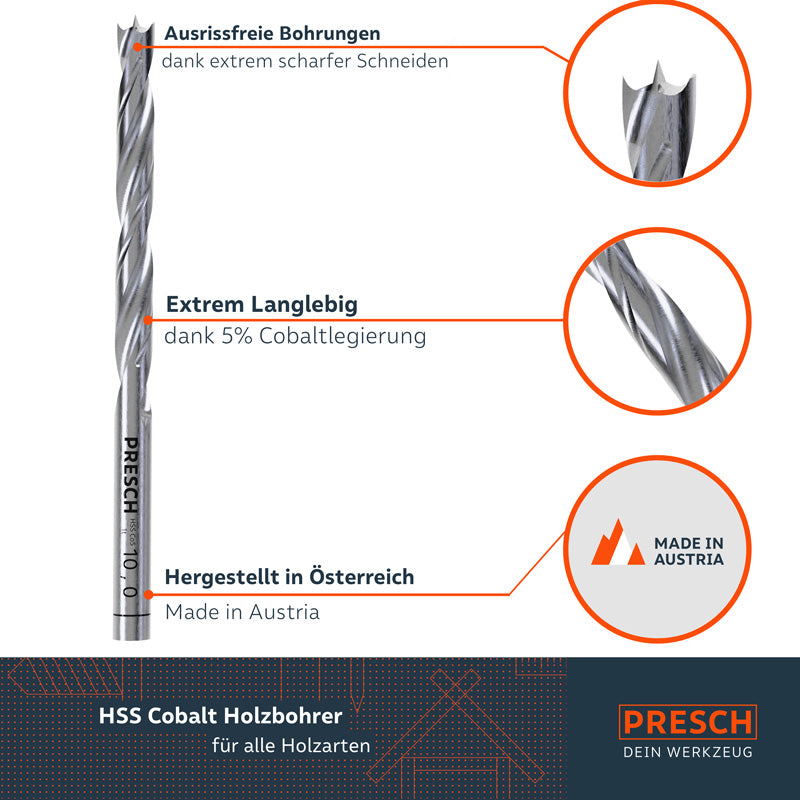 PRESCH HSS Cobalt Holzbohrer Set 5-teilig, hochwertige Holzbohrer mit Cobaltlegierung, für präzise und langlebige Bohrarbeiten in Holz.