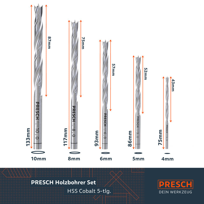 PRESCH Holzbohrer Set aus HSS Cobalt in verschiedenen Größen, Spiralbohrer und Bohrer für Holz im 5-teiligen Set