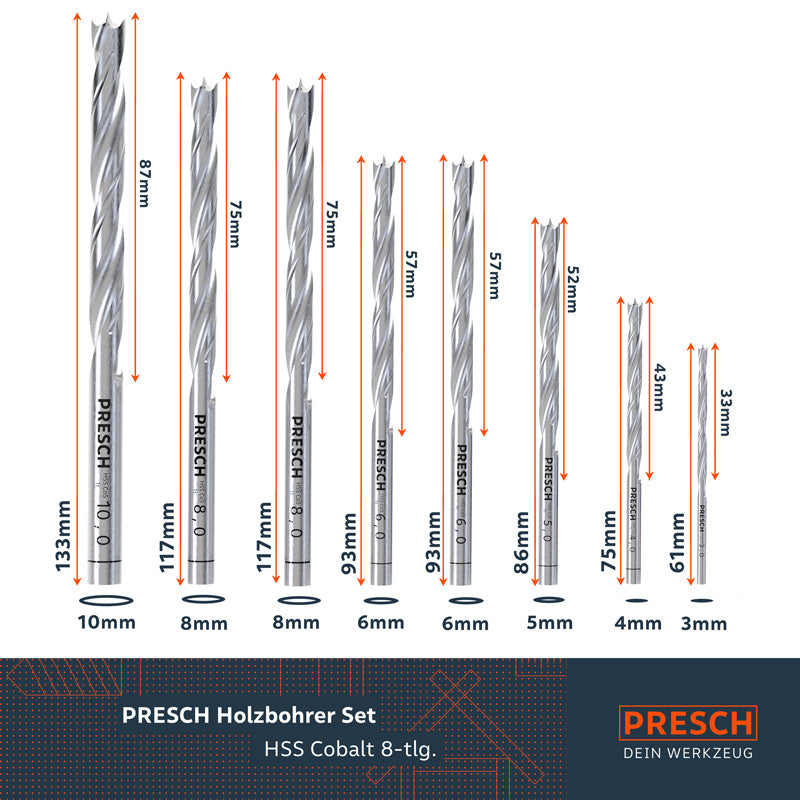 PRESCH Holzbohrer Set HSS Cobalt 8-teilig für präzises Bohren in Holz und Holzwerkstoffe