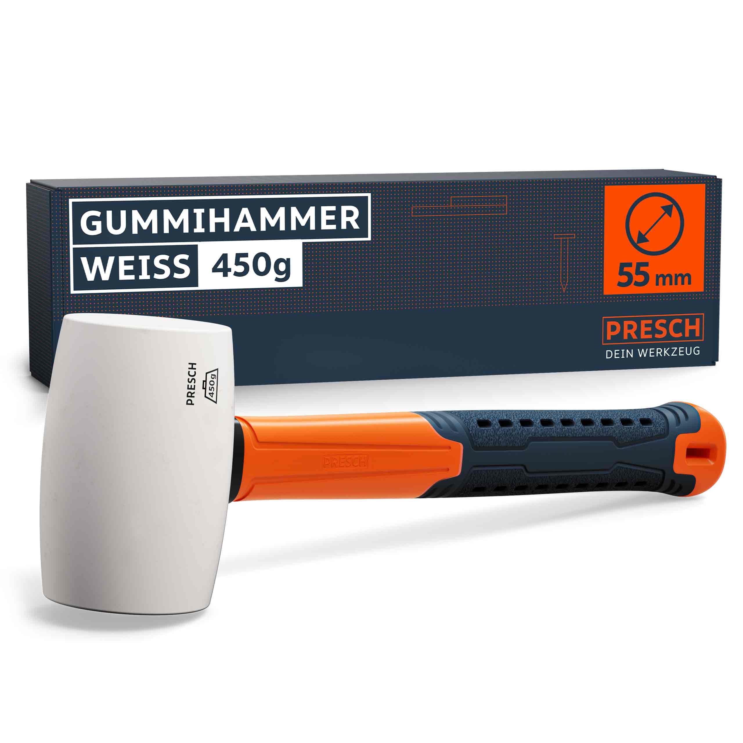 PRESCH Gummihammer weiß 450g mit ergonomischem Griff und robustem Kopf für präzise Schläge.