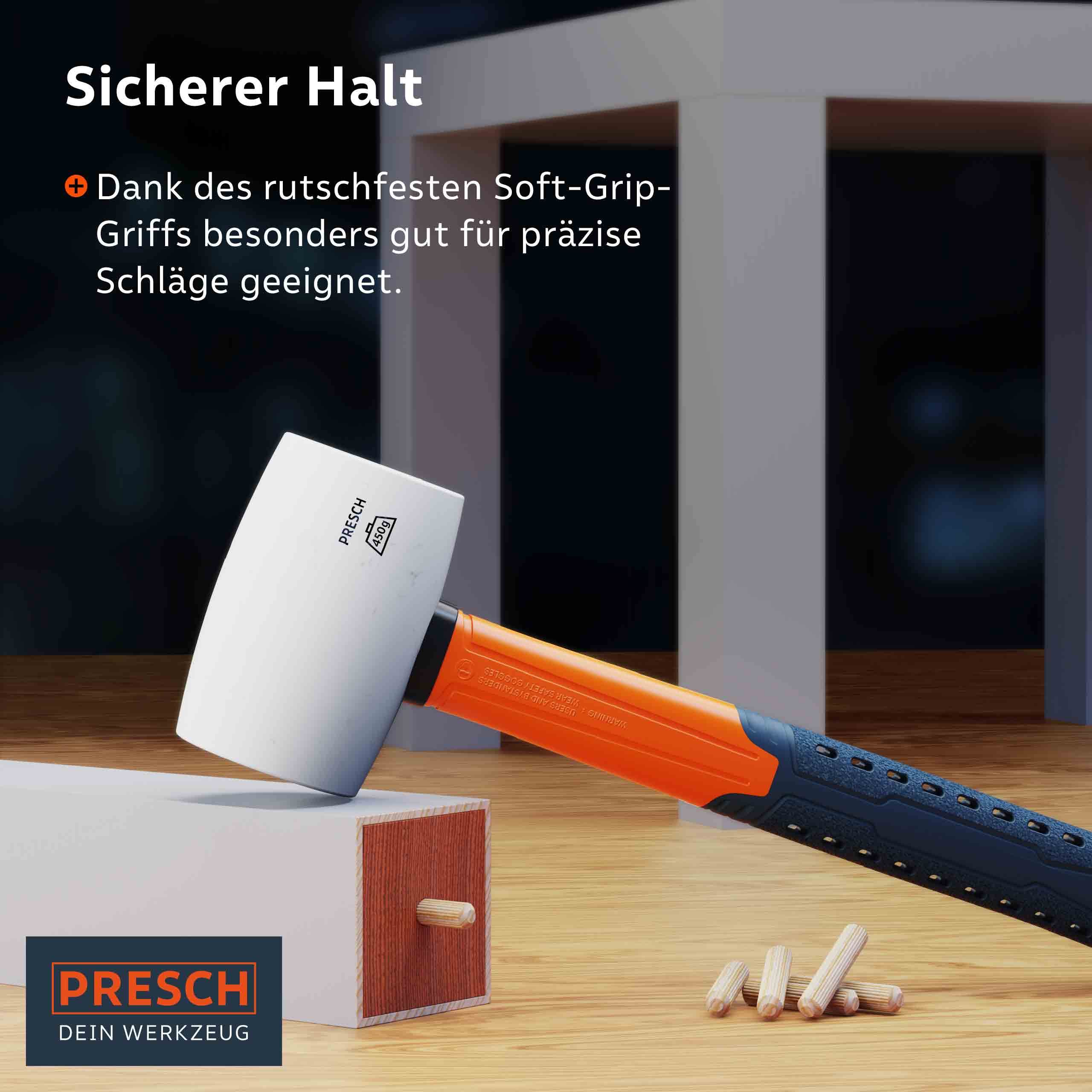 Presch Hammer mit rutschfestem Soft-Grip-Griff für präzise Handwerksarbeiten und Zimmermannstätigkeiten.