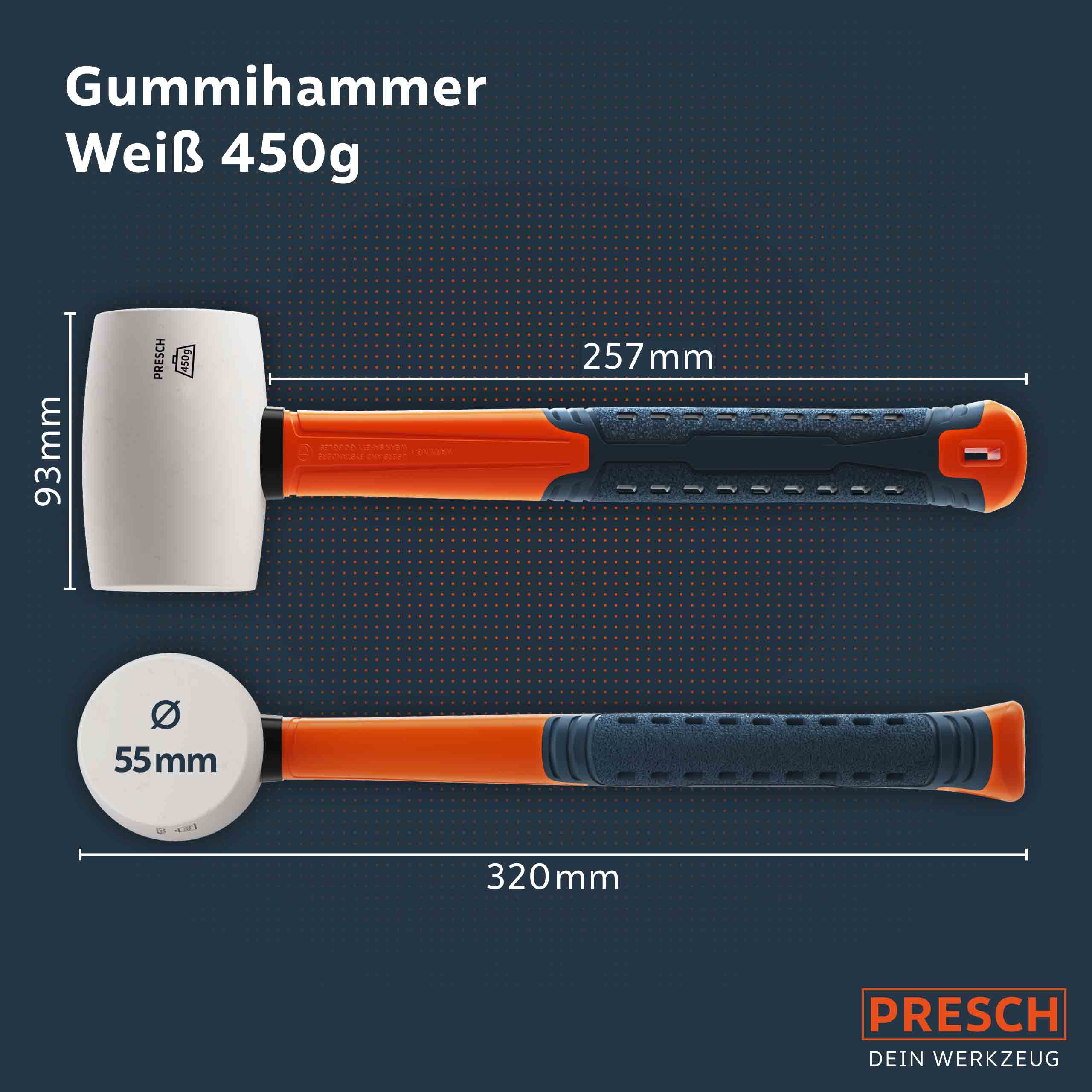 PRESCH Gummihammer Weiß 450g mit präzise abgebildeten Abmessungen und ergonomischem Griff, Schonhammer, Kunststoffhammer
