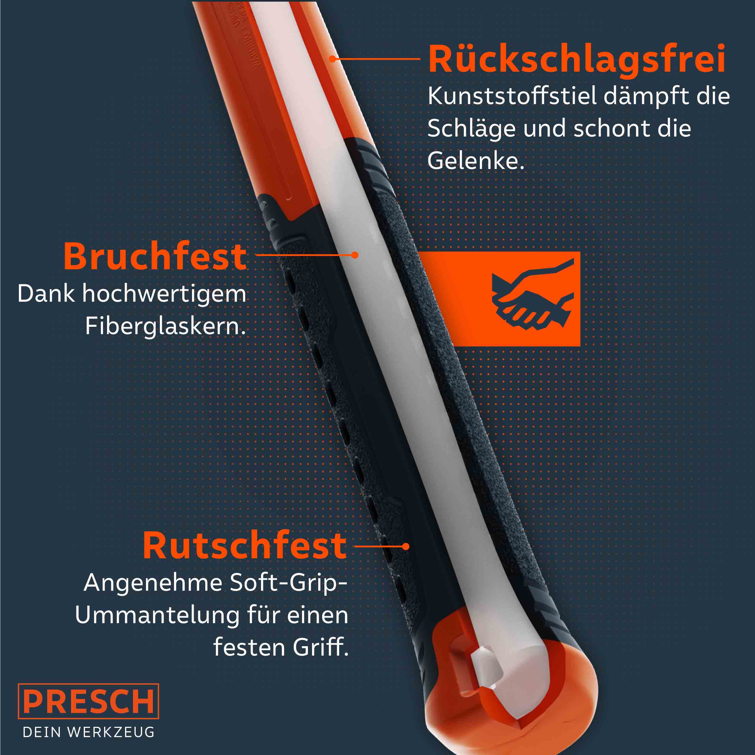 Presch Hammer mit rutschfestem Griff und Fiberglasstiel, robustes Handwerkzeug mit ergonomischem Design.