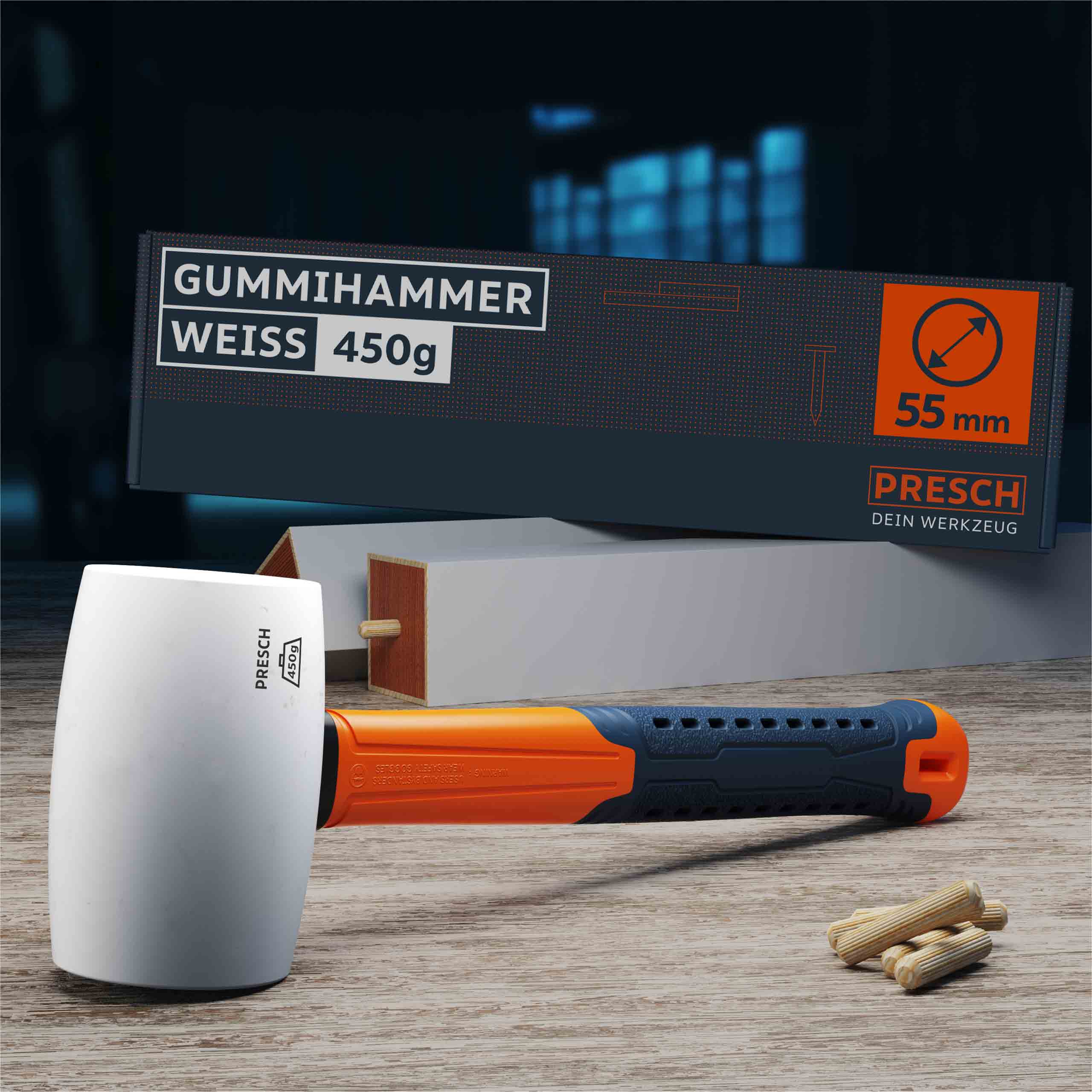 PRESCH Gummihammer weiß 450g mit ergonomischem Griff und Holzdübel auf Werkbank.