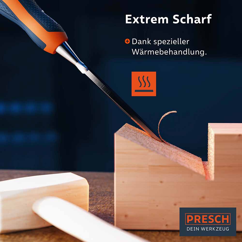 PRESCH Stechbeitel schneidet Holz mit Präzision und hoher Schnitthaltigkeit, professionelles Tischlerwerkzeug.