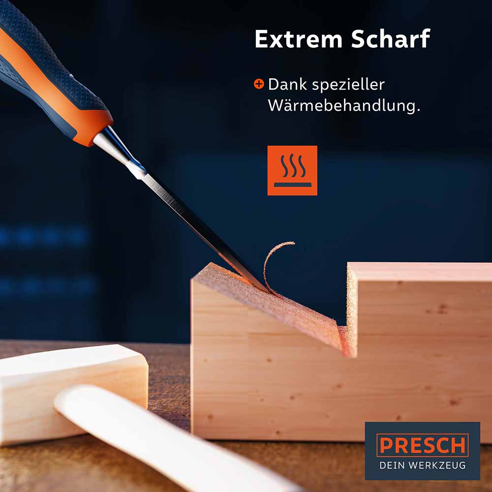 PRESCH Stechbeitel schneidet Holz mit präziser Schärfe und ergonomischem Griff, Tischlerwerkzeug zum Holzbearbeiten.