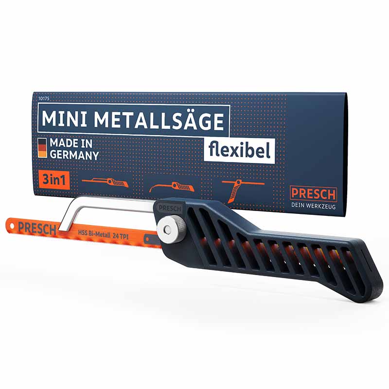 PRESCH Mini Metallsäge flexibel 3in1 mit ergonomischem Griff und Sägeblatt vor ihrer Verpackung.
