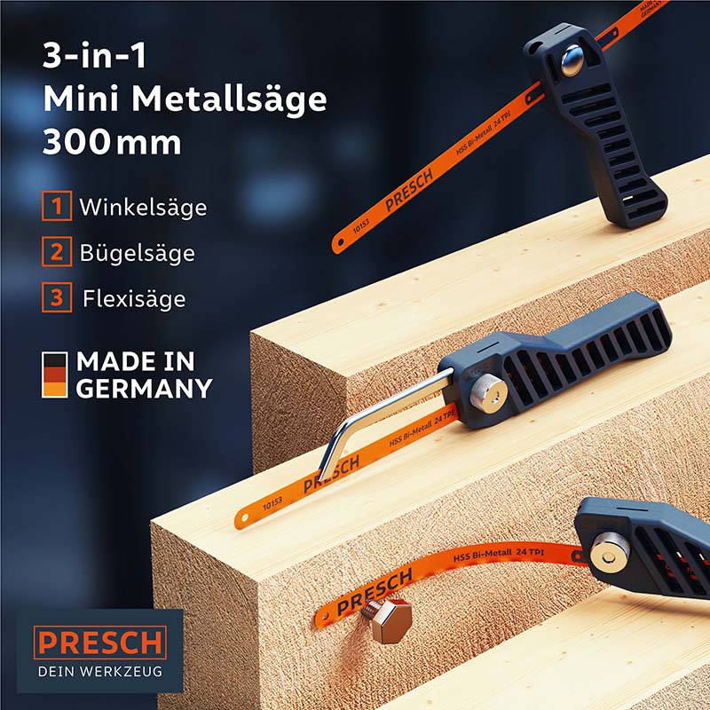 PRESCH Mini Metallsäge 3-in-1 mit Winkelsäge, Bügelsäge und Flexisäge auf Holzuntergrund.