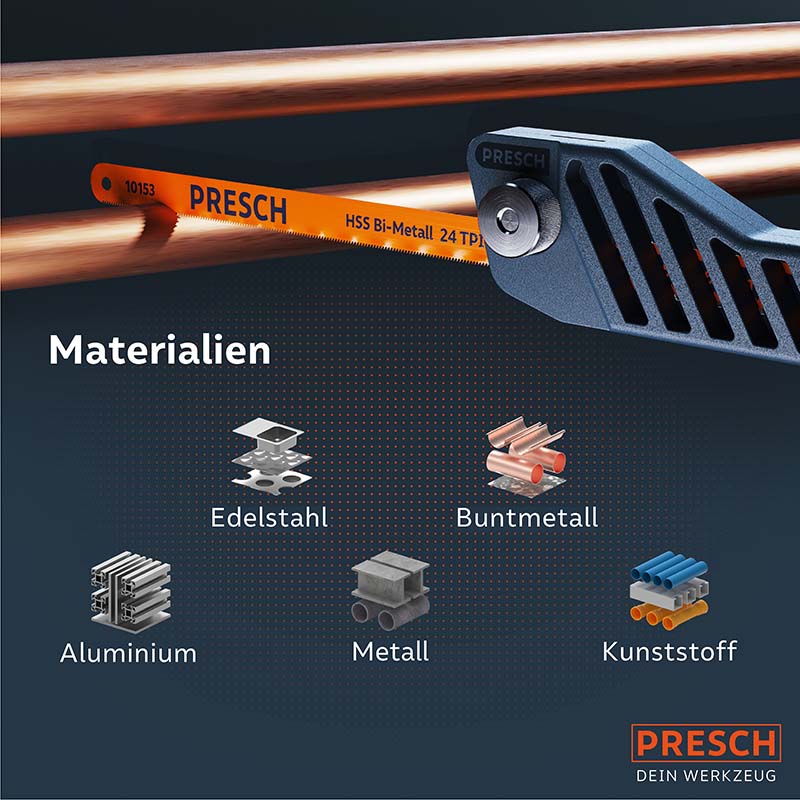 PRESCH Mini Metallsäge in Anwendung, geeignet für Edelstahl und Buntmetall, präzise Metallbearbeitungswerkzeuge.