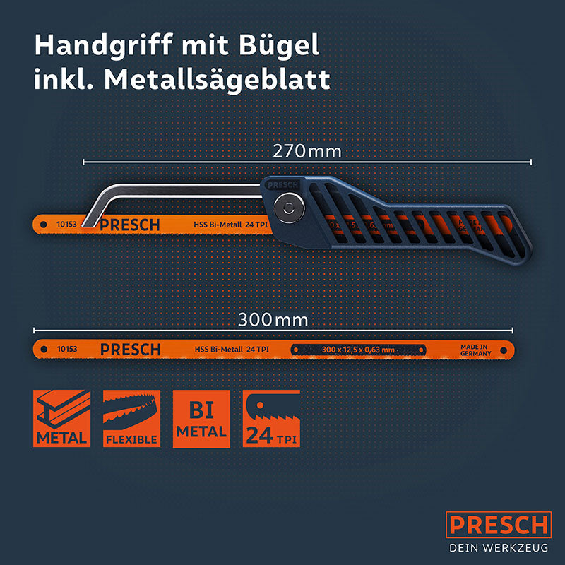 Mini Metallsäge von PRESCH mit Handgriff und austauschbarem Sägeblatt für präzise Metallarbeiten.