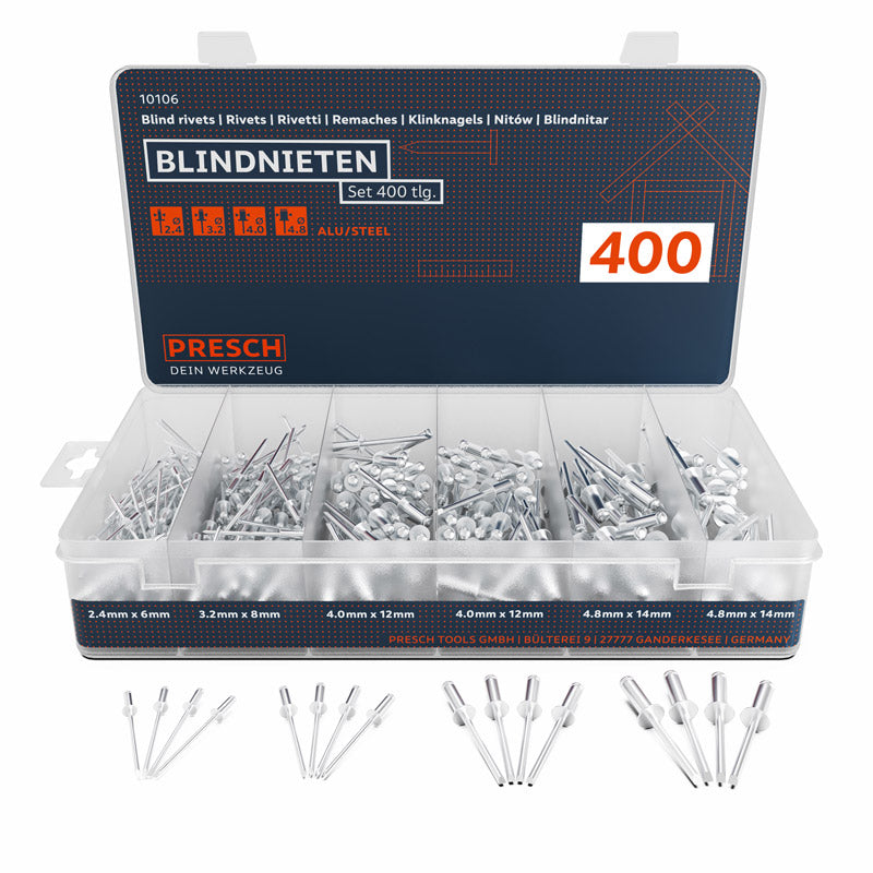 Dzsomt Blindnieten 120 Stück 6 Größe Nieten Blindnieten-Sortiment  Blindnieten Set Aluminium Blindnieten im Set Alu Nieten Blindnieten  Großkopf für Pneumatische Oder Manuelle Nieten Maschinen : :  Baumarkt