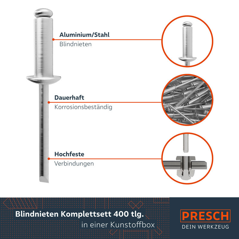 PRESCH Blindnieten-Set mit verschiedenen hochfesten Nietverbindungen aus Aluminium und Stahl in einer Kunststoffbox, korrosionsbeständige Nieten inklusive.