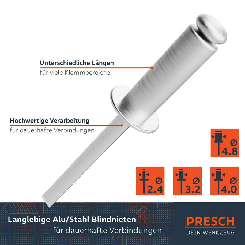 PRESCH Blindnietenset mit verschiedenen Größen für unterschiedliche Klemmbereiche und langlebige Nietverbindungen aus Aluminium und Stahl