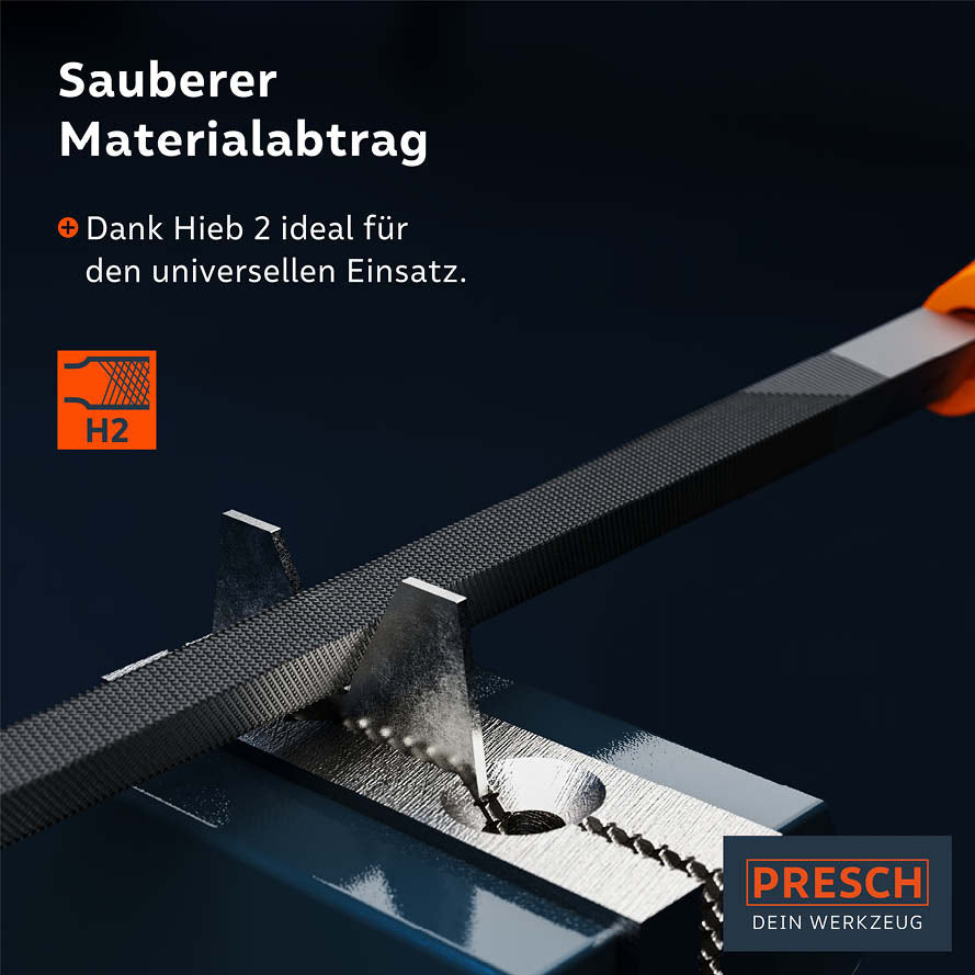 PRESCH Dreikantfeile mit Hieb 2 für präzisen Materialabtrag und Feilenarbeiten in der Metallbearbeitung.