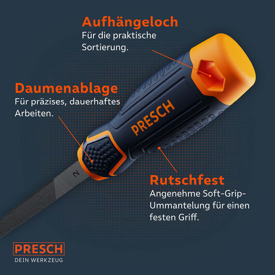 Dreikantfeile von PRESCH mit ergonomischem Griff und praktischem Aufhängeloch, ideal für exaktes Feilen und Metallbearbeitung.