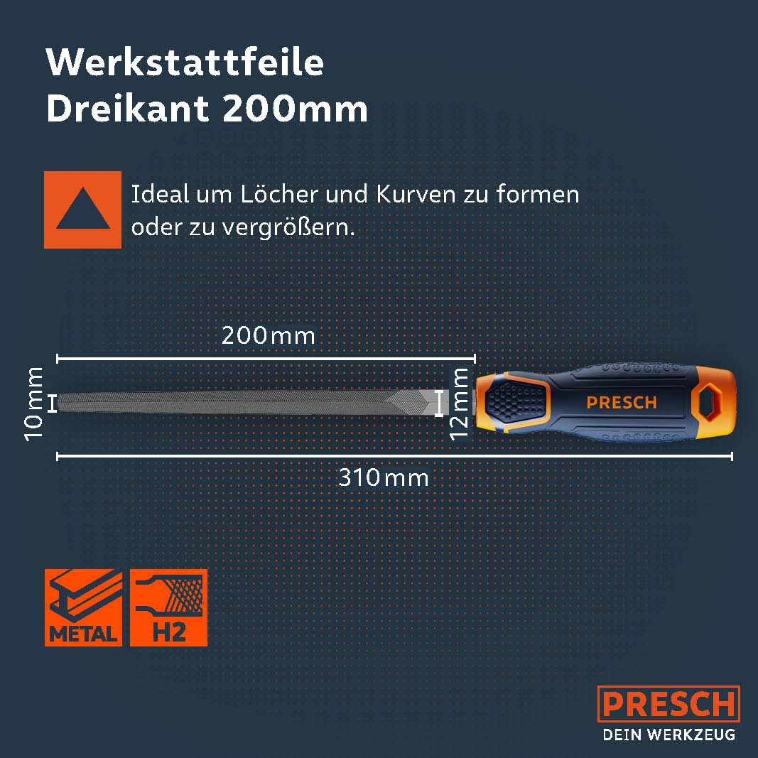 PRESCH Dreikantfeile 200mm für präzise Metallbearbeitung, ideal zum Formen und Erweitern von Löchern und Kurven.