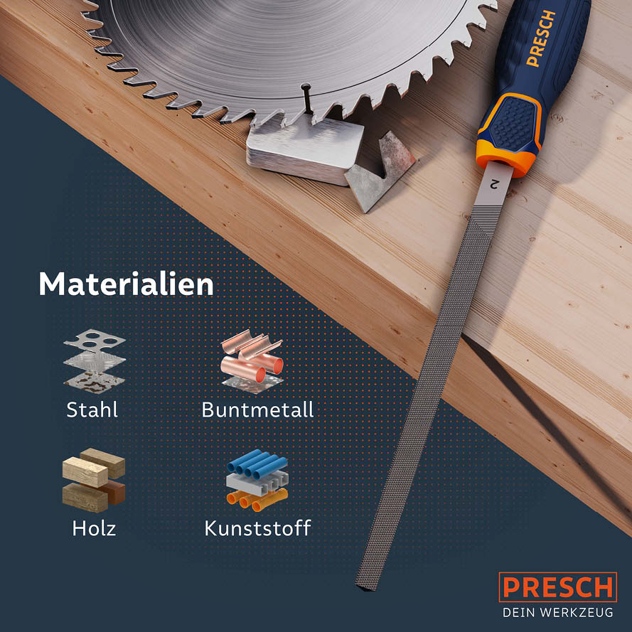 Dreikantfeile von PRESCH auf Holzoberfläche mit Sägeblatt und verschiedenen Materialproben für Stahl, Buntmetall, Holz und Kunststoff