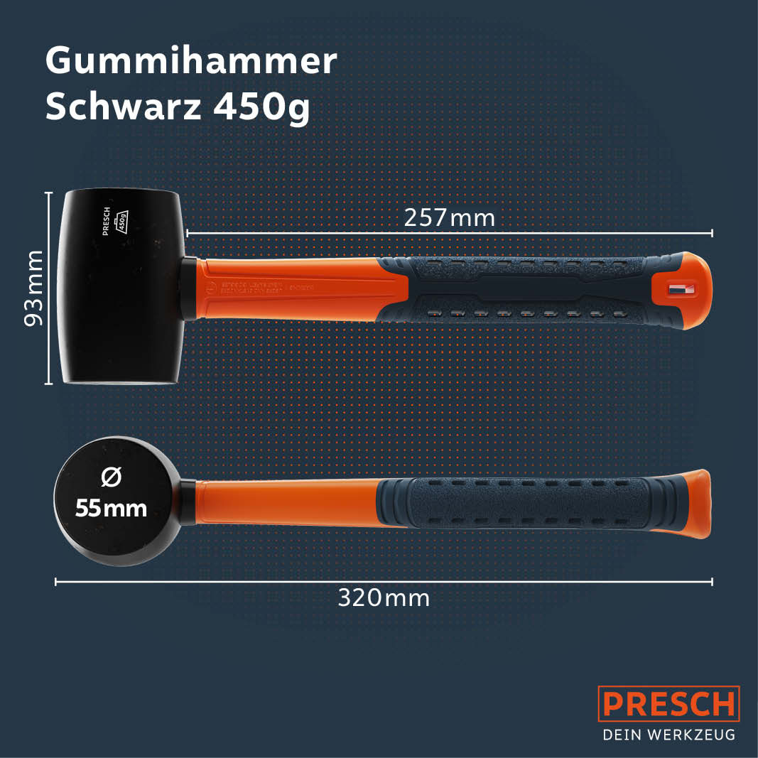 PRESCH Gummihammer, dunkler Schonhammer mit 450g Gewicht und ergonomischem Griff