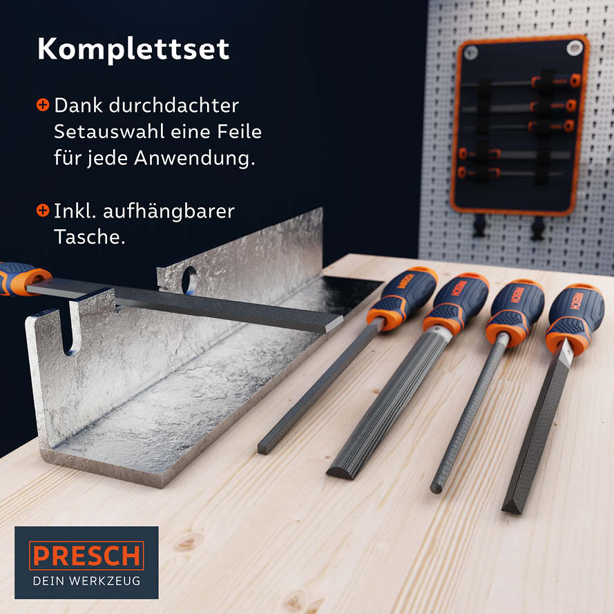 Presch Feilenset Komplettset mit verschiedenen Feilen und Raspeln auf Holzoberfläche, inklusive aufhängbarer Tasche.